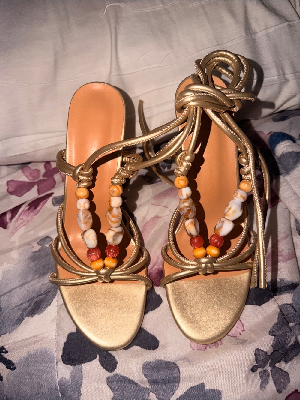 Gold Beaded Tie-Up Women’s Heeled Sandals